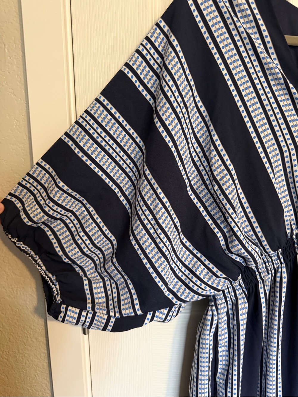 Taylor Size 16 Navy White Stripe Midi Dress Tiered Puff Sleeve V Neck - Picture 8 of 11